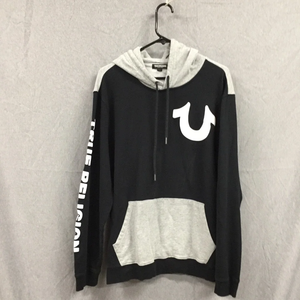 True Religion Mens Hoodie XL Black Gray Colorblock Horseshoe Logo Sleeve Graphic
